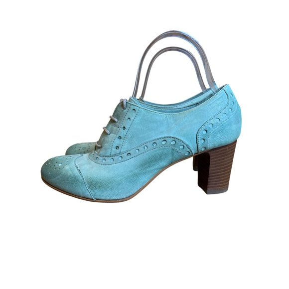 Sundance Catalog Teal Green Oxford Shoes Heels Menswear Look Distressed Laced Si - Picture 4 of 10